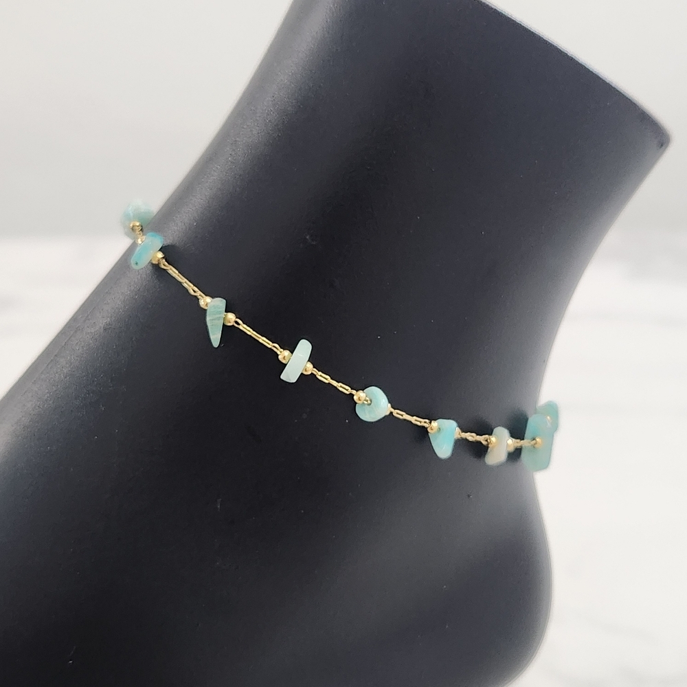 Minimalist Dainty Green Stone Stainless Steel Gold Plated Anklet - Picture 5 of 15